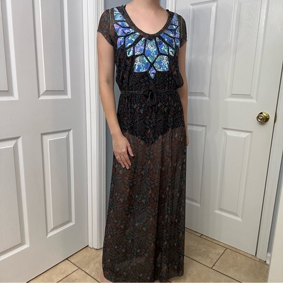 Maaji Coverup Dress Sheer Long Mesh Embroidered Boho Beach Vacation Size Medium - Picture 1 of 6